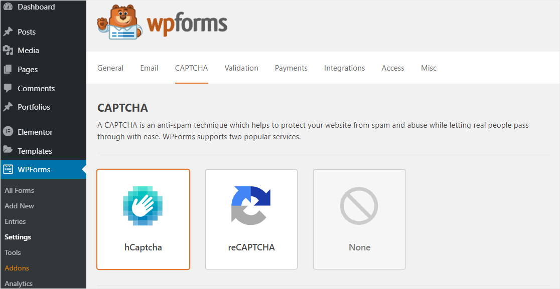 hcaptcha-option-inside-wpforms-paramètres